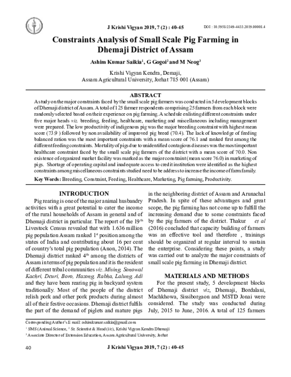 (PDF) Constraints Analysis of Small Scale Pig Farming in Dhemaji ...
