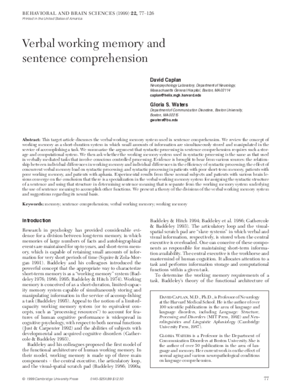 (PDF) Verbal working memory and sentence comprehension