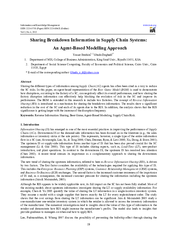 (PDF) Sharing Breakdown Information in Supply Chain Systems: An Agent ...