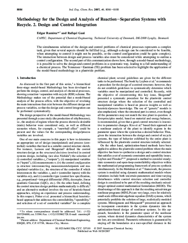 (PDF) Methodology for the Design and Analysis of Reaction−Separation ...