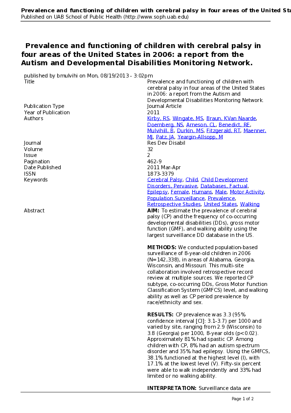 (PDF) Prevalence and functioning of children with cerebral palsy in ...
