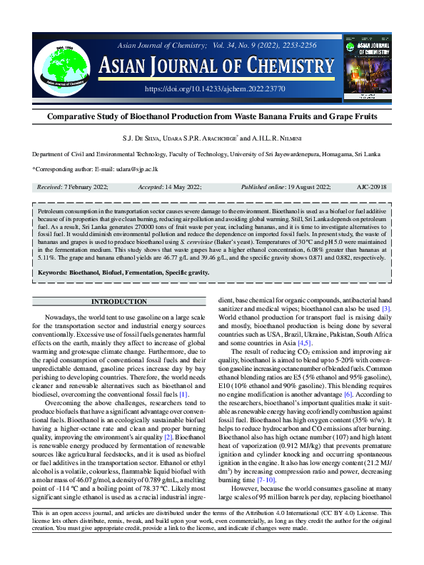 (PDF) Comparative Study of Bioethanol Production from Waste Banana ...