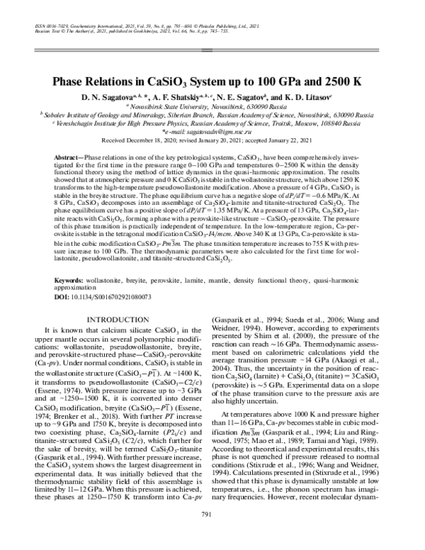 (PDF) Phase Relations in CaSiO3 System up to 100 GPa and 2500 K