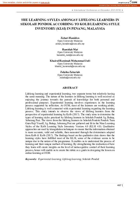 (PDF) The learning styles amongst lifelong learners in Sekolah Pondok ...