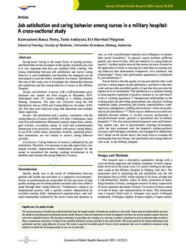 (PDF) Job Satisfaction and Caring Behavior among Nurses in a Military ...