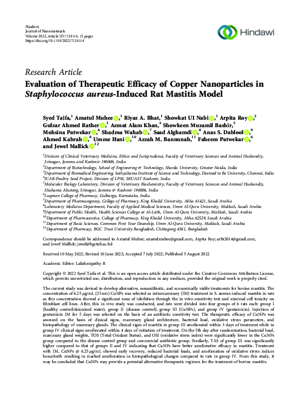 (PDF) Evaluation of Therapeutic Efficacy of Copper Nanoparticles in ...