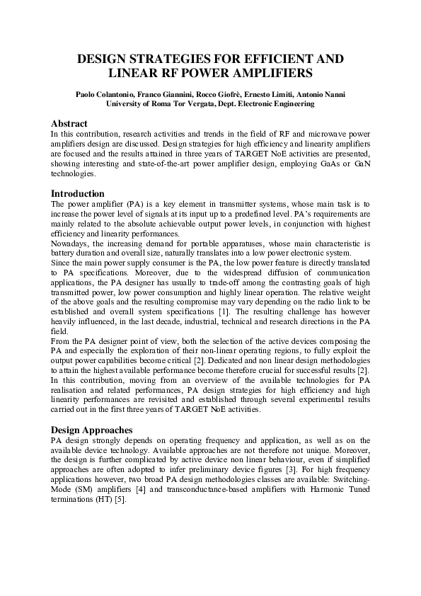 (PDF) Design Strategies for Efficient and Linear RF Power Amplifiers