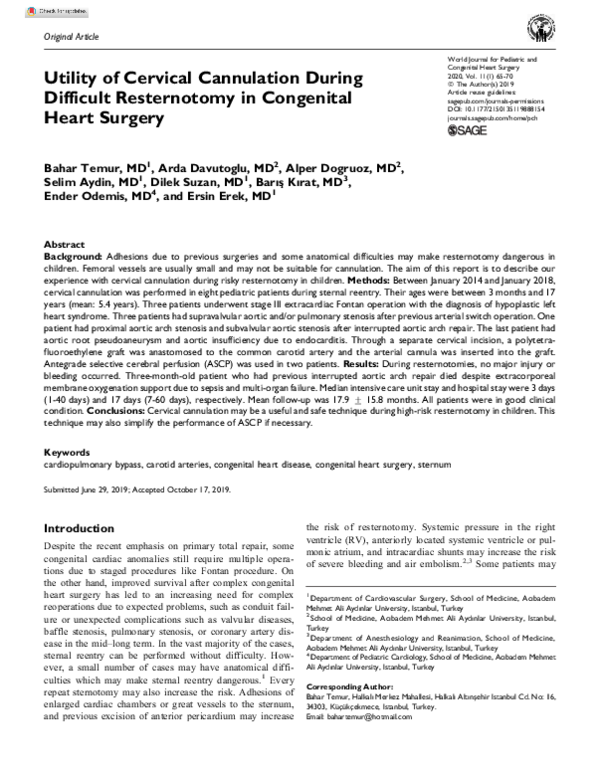 (PDF) Utility of Cervical Cannulation During Difficult Resternotomy in ...