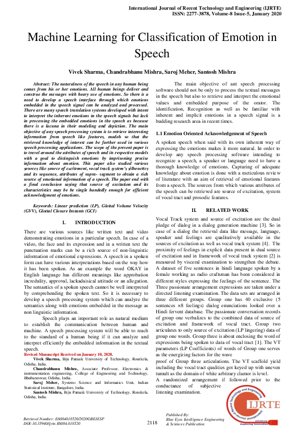 (PDF) Machine Learning for Classification of Emotion in Speech
