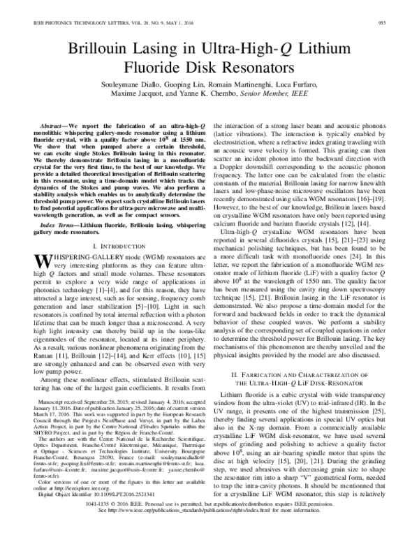 (PDF) Brillouin Lasing in Ultra-High Q Lithium Fluoride Disk-Resonators