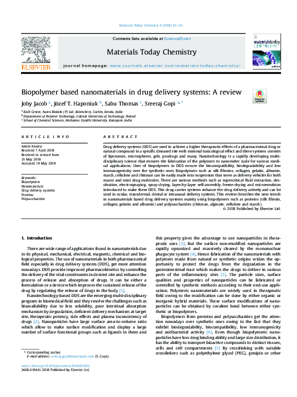 (PDF) Biopolymer based nanomaterials in drug delivery systems: A review