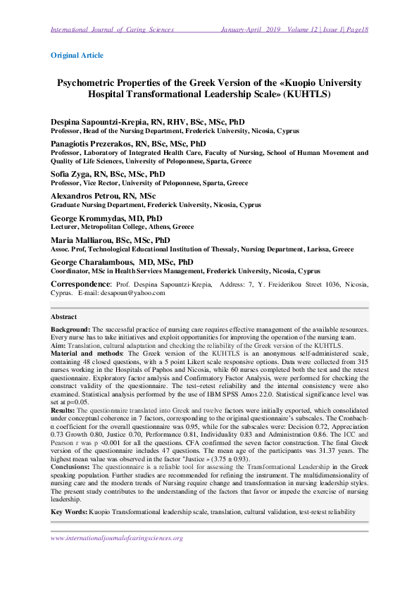 (PDF) Psychometric Properties of the Greek Version of the « Kuopio ...