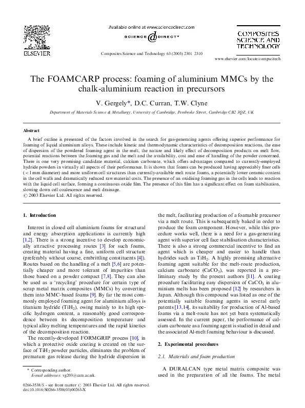 (PDF) The FOAMCARP process: foaming of aluminium MMCs by the chalk ...
