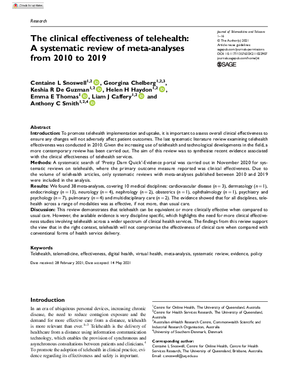 (PDF) The clinical effectiveness of telehealth: A systematic review of ...