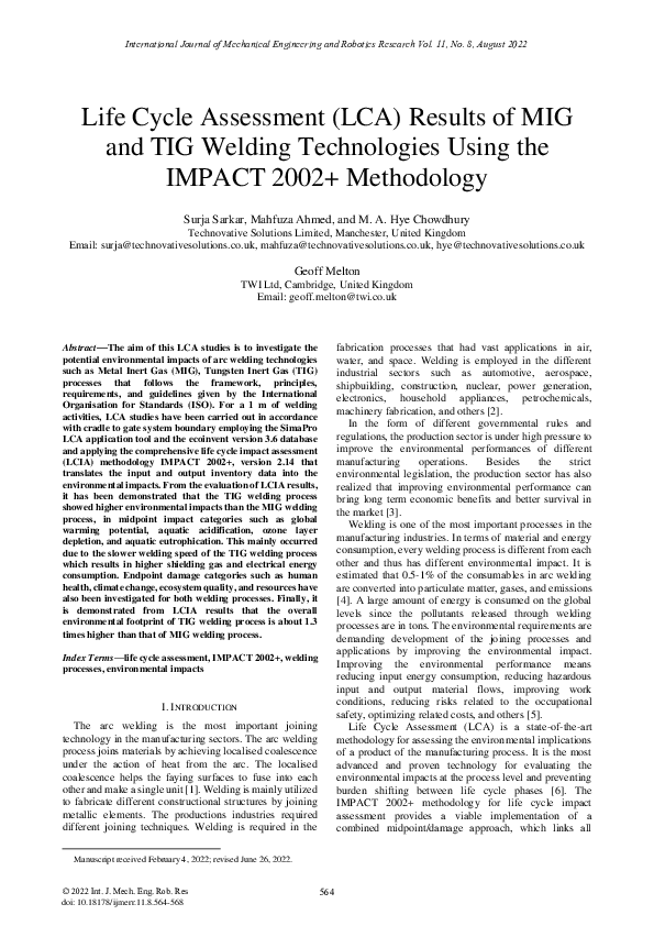 (PDF) Life Cycle Assessment (LCA) Results of MIG and TIG Welding ...