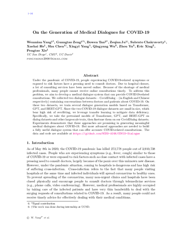 (PDF) On the Generation of Medical Dialogues for COVID19
