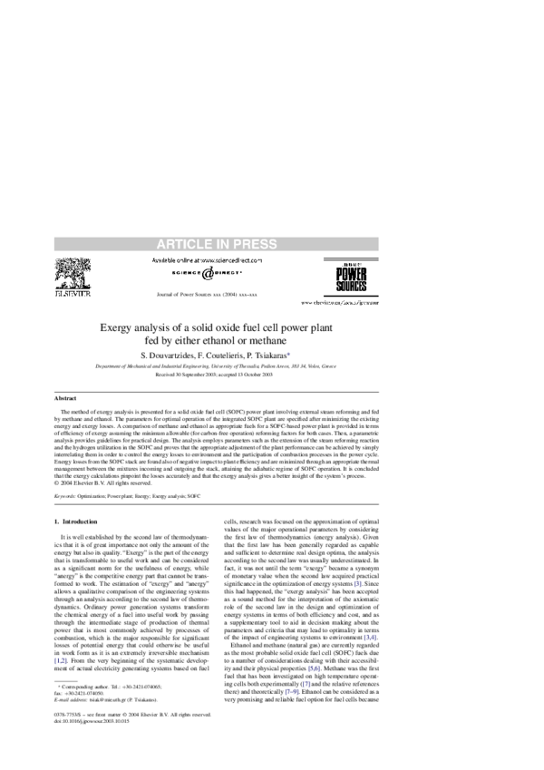 (PDF) Exergy analysis of a solid oxide fuel cell power plant fed by ...