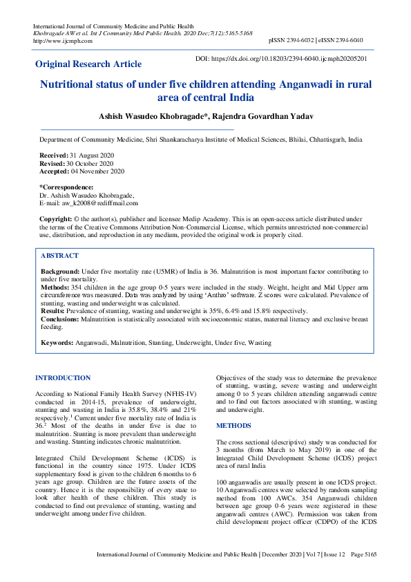 (PDF) Nutritional status of under five children attending Anganwadi in ...