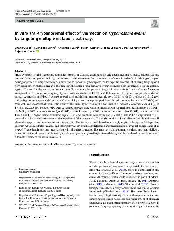 In vitro anti-trypanosomal effect of ivermectin on Trypanosoma evansi by targeting multiple metabolic pathways