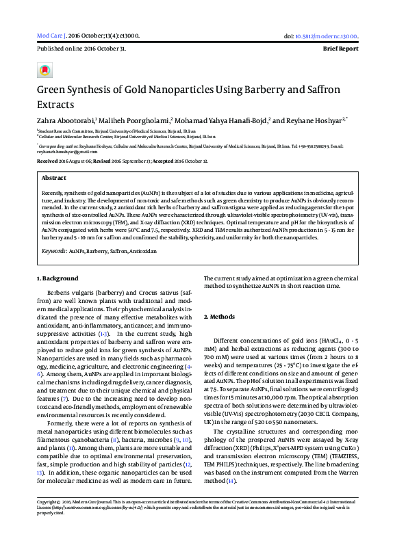(PDF) Green Synthesis of Gold Nanoparticles Using Barberry and Saffron ...