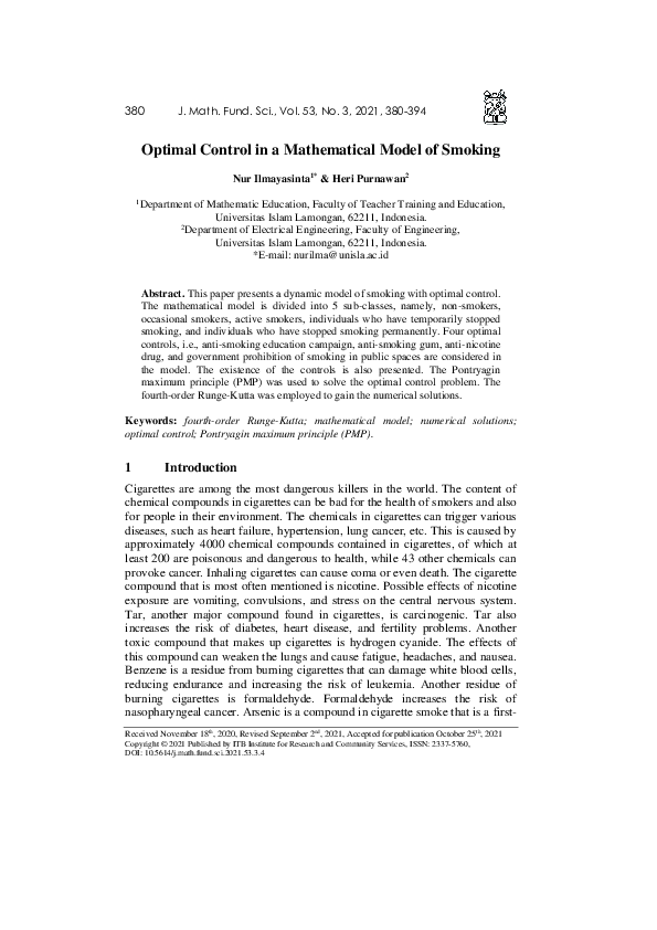 (PDF) Optimal Control in a Mathematical Model of Smoking