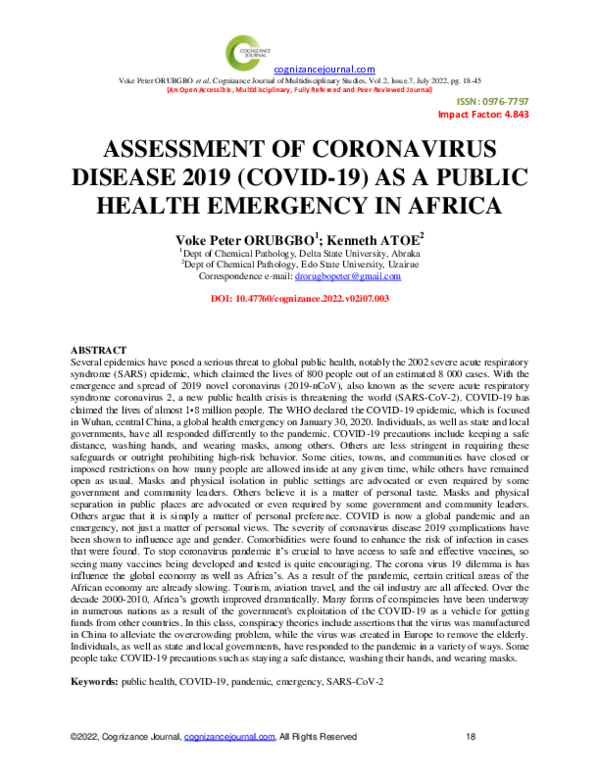 (PDF) Assessment of Coronavirus Disease 2019 (COVID-19) as a Public ...