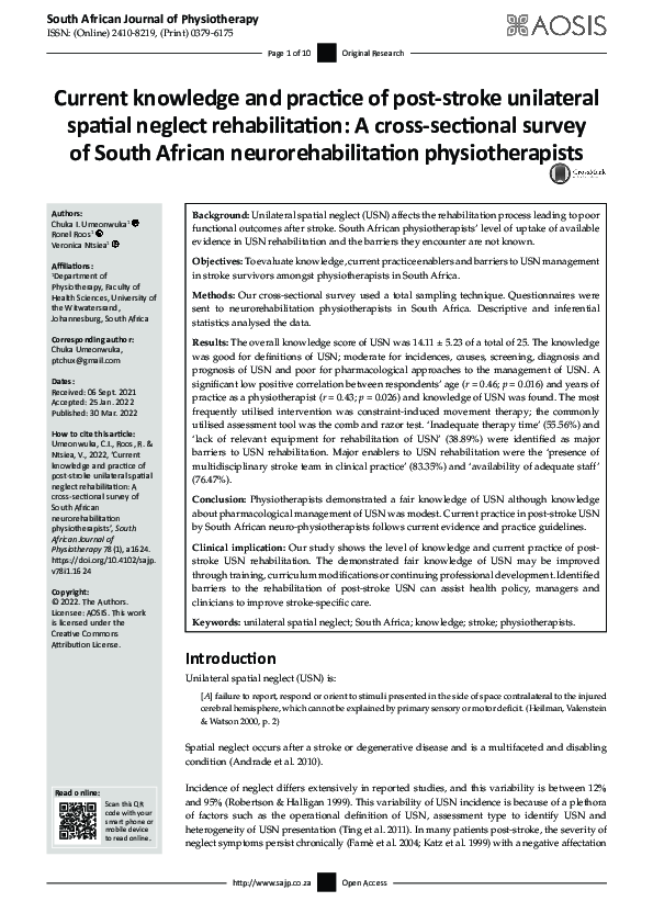 (PDF) Current knowledge and practice of post-stroke unilateral spatial ...