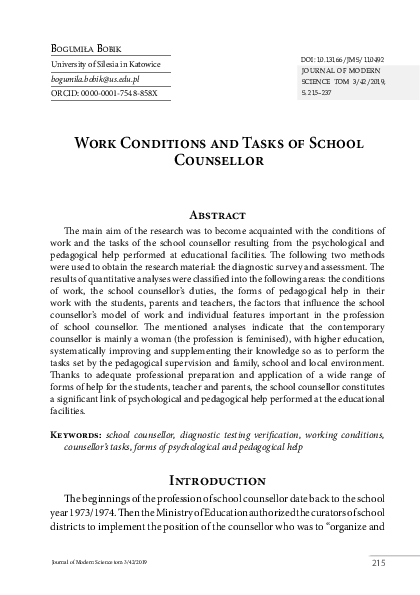 (PDF) Work Conditions and Tasks of School Counsellor
