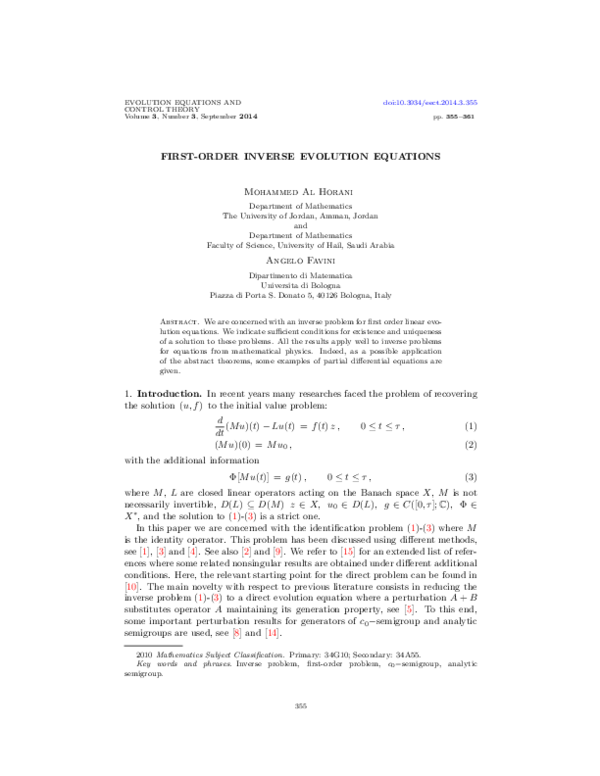 (PDF) First-order inverse evolution equations