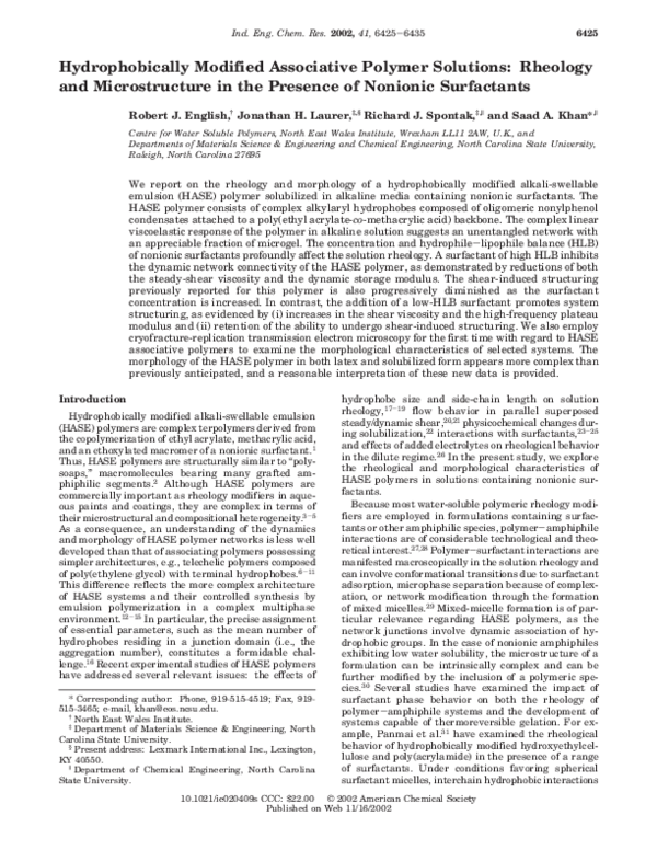 (PDF) Hydrophobically Modified Associative Polymer Solutions: Rheology ...