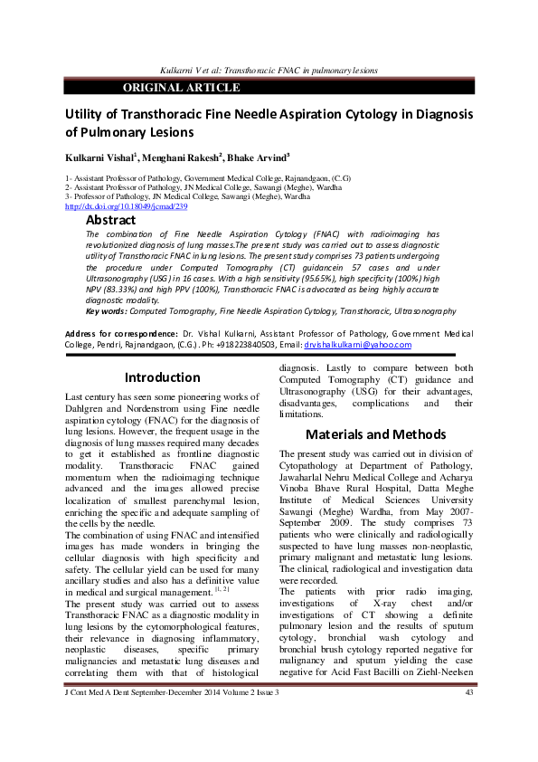 (PDF) Utility of Transthoracic Fine Needle Aspiration Cytology in ...