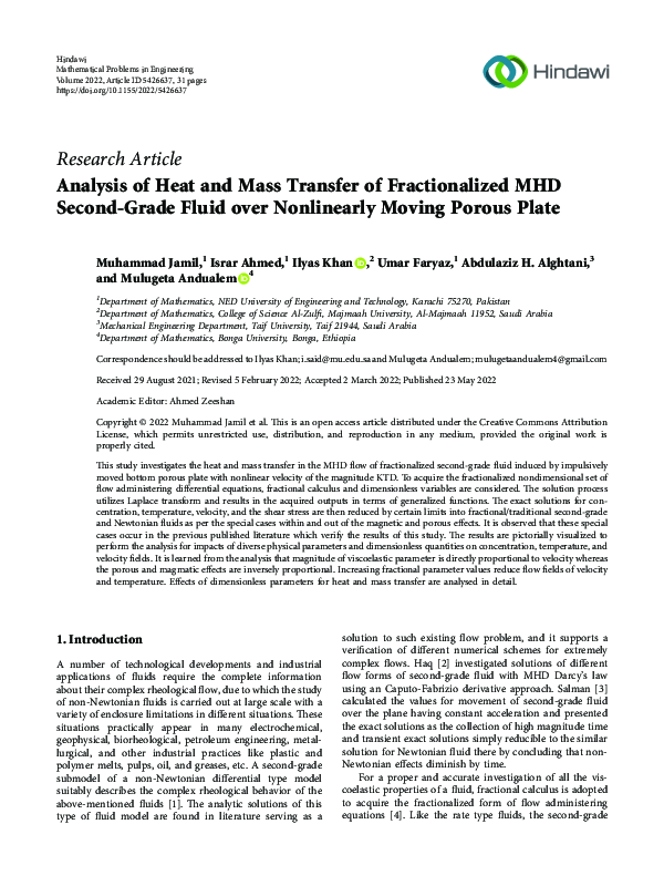 (PDF) Analysis of Heat and Mass Transfer of Fractionalized MHD Second ...