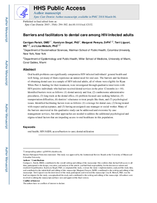 (PDF) Barriers and facilitators to dental care among HIV-Infected adults