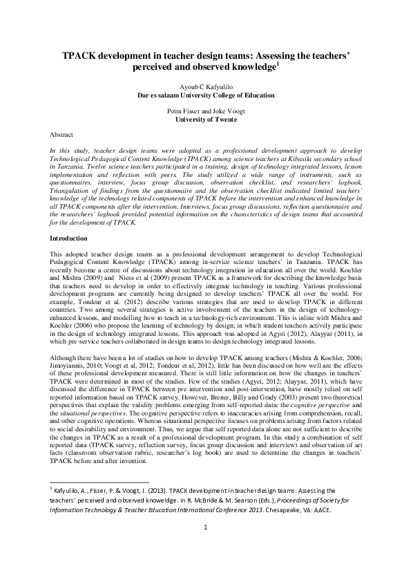 (PDF) TPACK development in teacher design teams: Assessing the teachers ...
