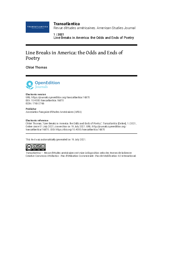 (PDF) Line Breaks in America: the Odds and Ends of Poetry
