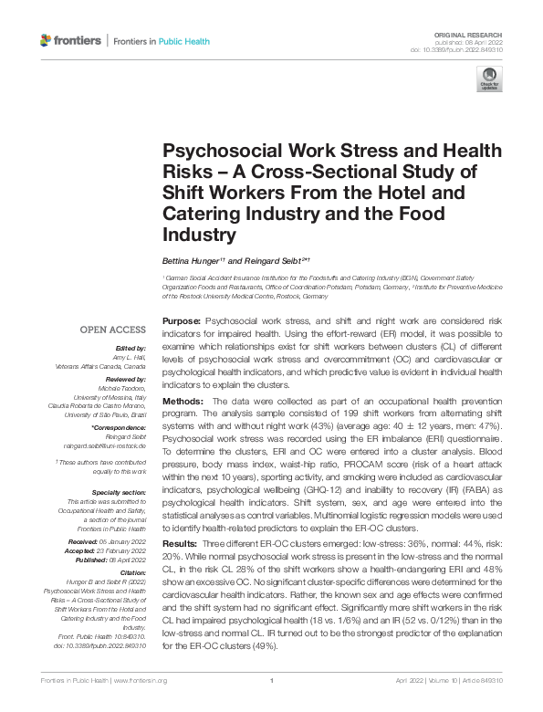 (PDF) Psychosocial Work Stress and Health Risks – A Cross-Sectional ...