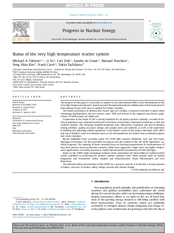 (PDF) Status of the very high temperature reactor system