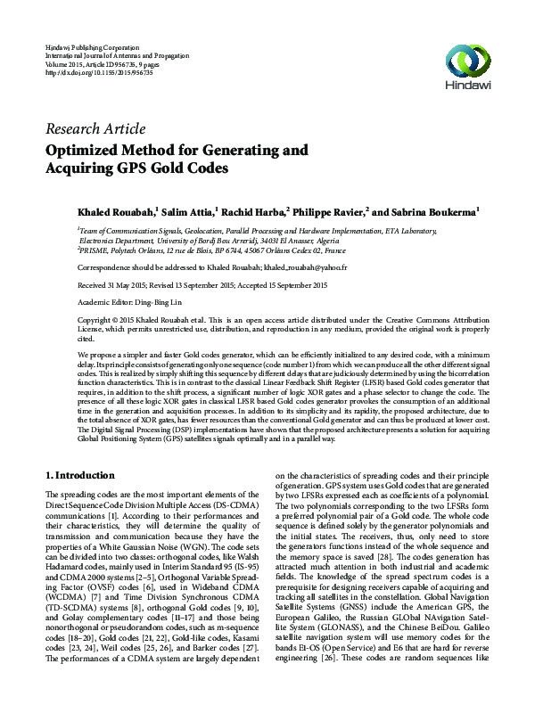 (PDF) Optimized Method for Generating and Acquiring GPS Gold Codes
