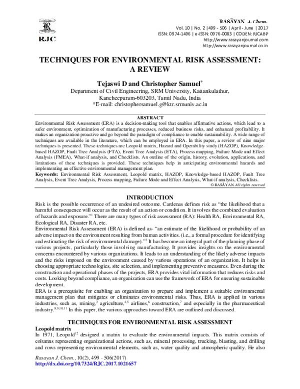 (PDF) Techniques for Environmental Risk Assessment: A Review