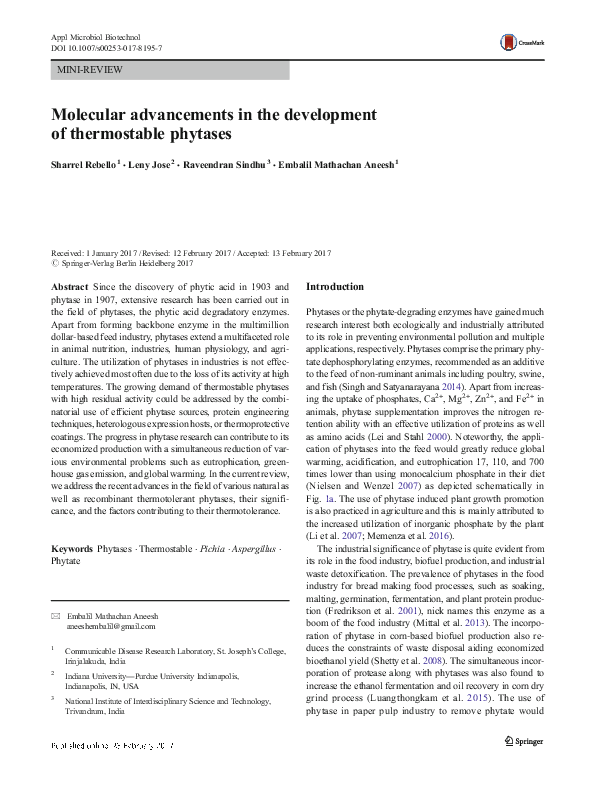 (PDF) Molecular advancements in the development of thermostable phytases