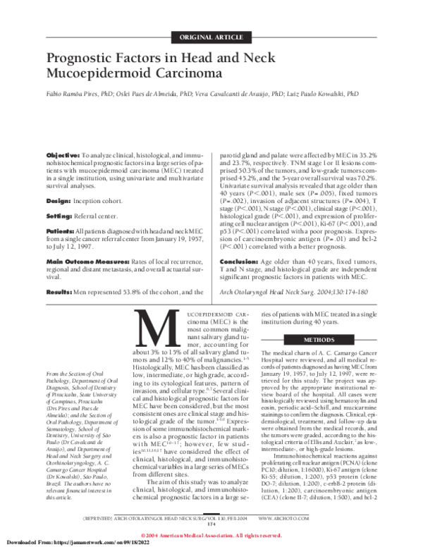 (PDF) Prognostic Factors in Head and Neck Mucoepidermoid Carcinoma