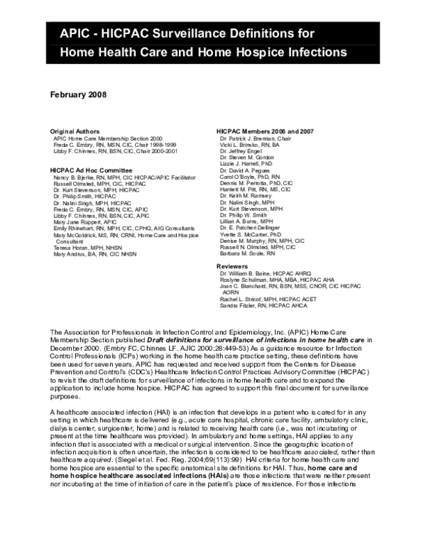 (PDF) APICHICPAC Surveillance Definitions for Home Health Care and Home Hospice Infections