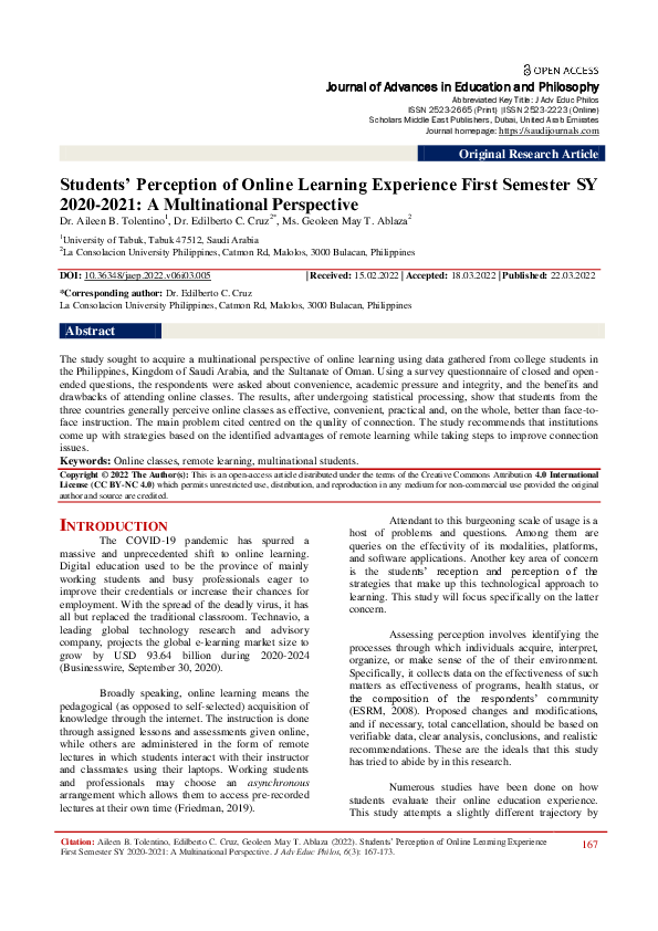 (PDF) Students’ Perception of Online Learning Experience First Semester ...