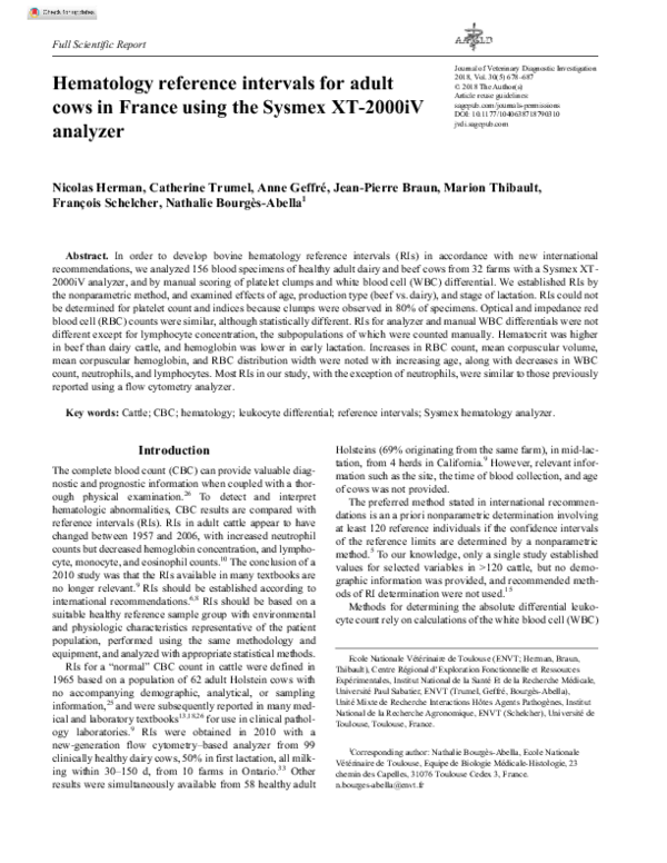 (PDF) Hematology reference intervals for adult cows in France using the ...