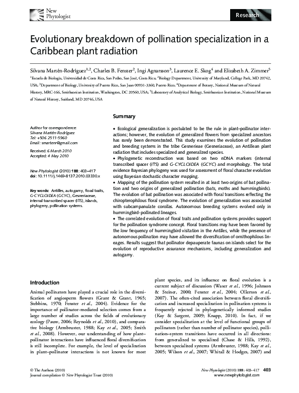 (PDF) Evolutionary breakdown of pollination specialization in a ...