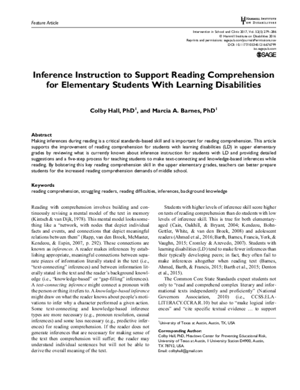 (PDF) Inference Instruction to Support Reading Comprehension for ...