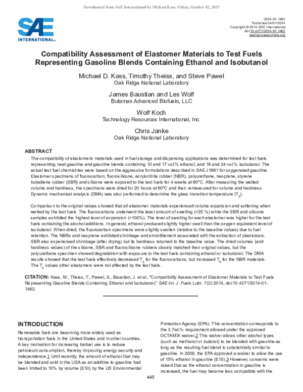 (PDF) Compatibility Assessment of Elastomer Materials to Test Fuels