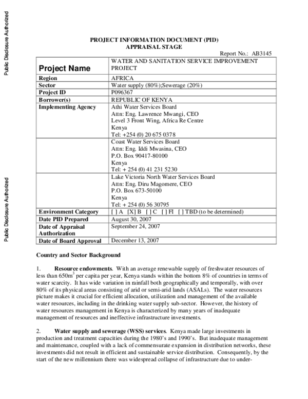 (PDF) Project Information Document (Pid) Appraisal Stage