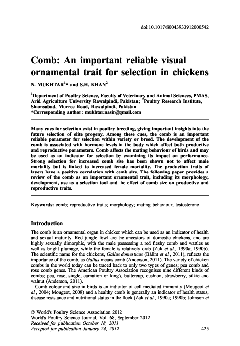 (PDF) Comb: An important reliable visual ornamental trait for selection ...
