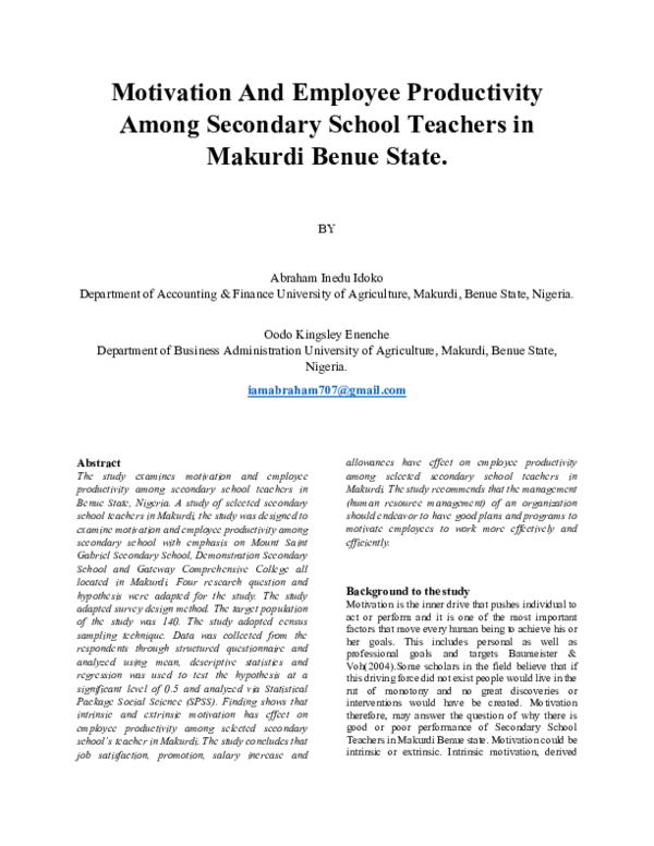 (PDF) Motivation And Employee Productivity Among Secondary School ...